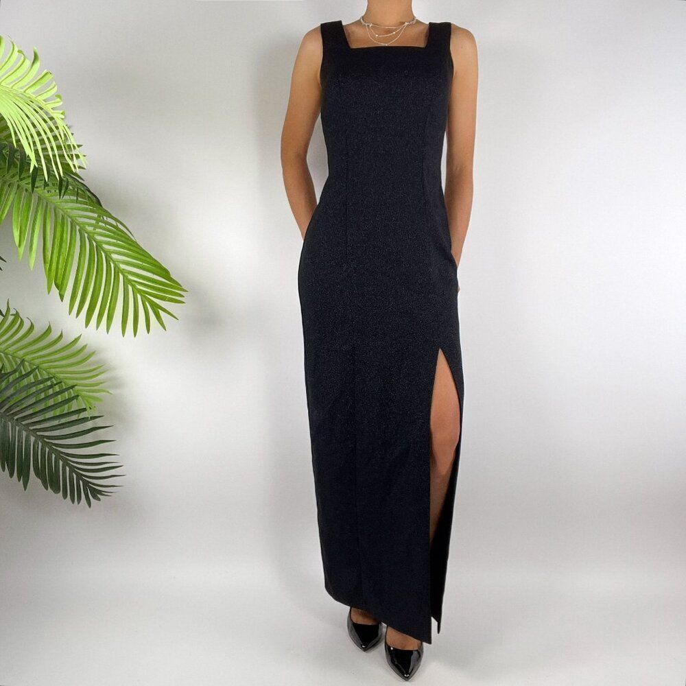 Vintage 90s Grunge Black Glitter Fairycore Maxi Prom Evening Formal Dress / 4/6